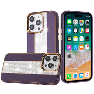 For iP15 Pro Max Flashy Diamond Leather Sticked On Hybrid with Chrome Camera Edge - Dark Purple