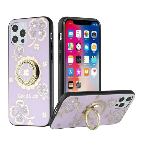 For iPhone 15 Plus SPLENDID Diamond Glitter Ornaments Engraving Case Cover - Good Luck Floral Purple