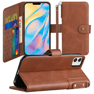 For iPhone 15 Retro Wallet Card Holder Case Cover - Brown