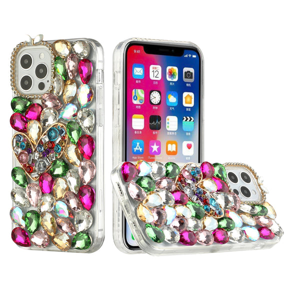 For iPhone 15 Full Diamond with Ornaments Hard TPU Case Cover - Colorful Ornaments with Heart
