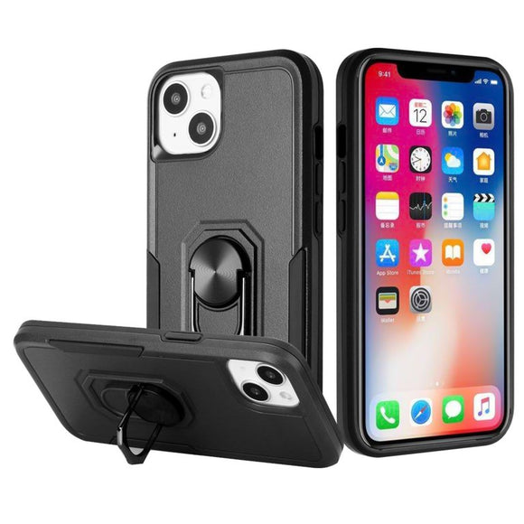 For iPhone 13 Pro Max Tough Strong Dual Layer Flat Magnetic Ring Stand Case Cover - Black