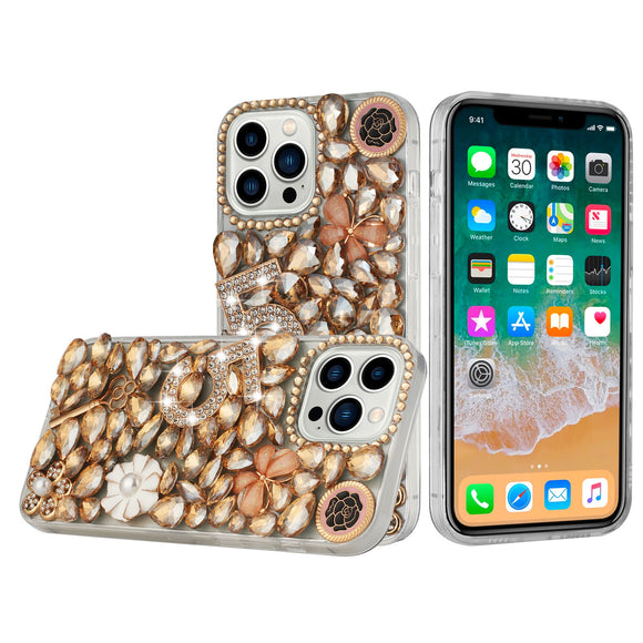 For iPhone 15 Full Diamond with Ornaments Case Cover - Gold Five Ornament Floral