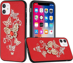 For iPhone 15 SPLENDID Diamond Glitter Ornaments Engraving Case Cover - Garden Butterflies Red
