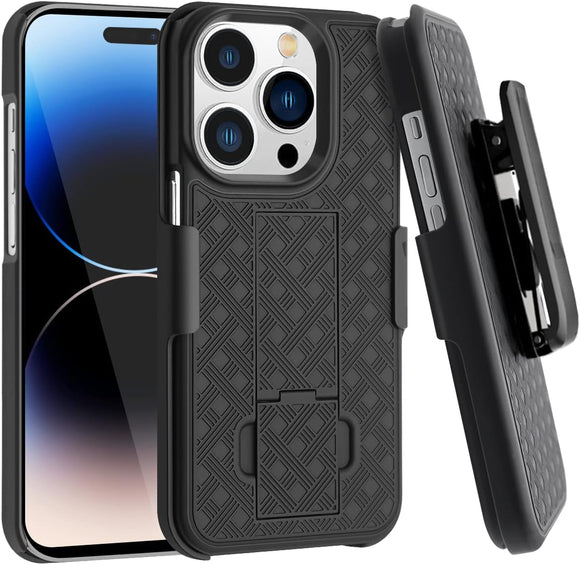 For iPhone 15 Pro Weave Premium 3in1 Combo Holster Kickstand Case Cover - Black