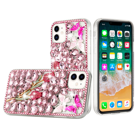 For iPhone 15 Full Diamond with Ornaments Case Cover - Pink Exquisite Garden