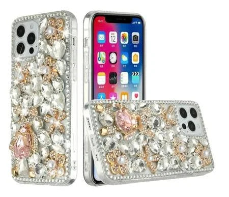 For iP15 Pro Max Full Diamond with Ornaments Hard TPU Case Cover - Silver Panda Floral