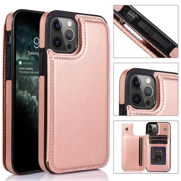 For iPhone 15 Pro Max / Ultra Luxury Side Magnetic Button Card ID Holder PU Leather Case Cover - Rose Gold