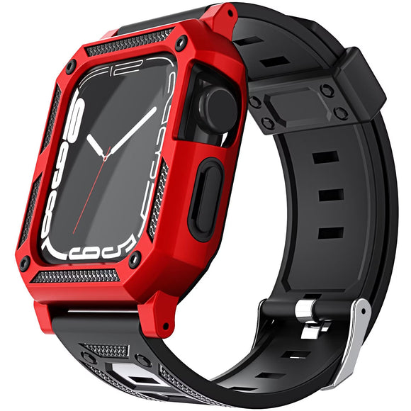 For Apple Watch Size 42/44/45mm Ultra 49mm Full Protection Tough Hybrid Watch Case + Band - Red