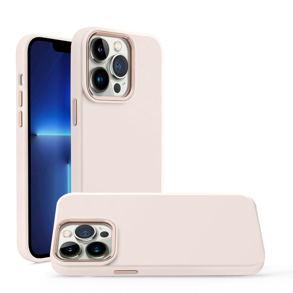 For iPhone 15 Pro Premium LIQUID Silicone with Metal Buttons and Camera Edges Case Cover - Beige