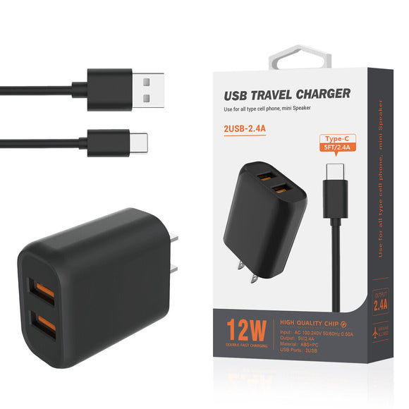 DUAL 2.4A TRAVEL HOME CHARGER WITH 5FT C CABLE BLACK
