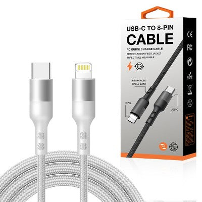 Power Delivery USB-C to 8-PIN Fast Charging & Sync Nylon-Braided 5FT Cable - SILVER