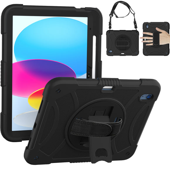 For Apple iPad 10th Gen 2022 3in1 Tablet Hand and Shoulder Strap with Kickstand 3in1 Tough Hybrid - Black