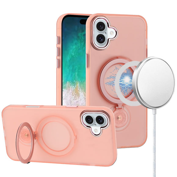 For iPhone 16 Plus 6.7 inch Hoop Kickstand [Magnetic Circle] HD Transparent Chrome Hybrid - Pink