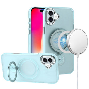 For iPhone 16 6.1 inch Hoop Kickstand [Magnetic Circle] HD Transparent Chrome Hybrid - Sky Blue