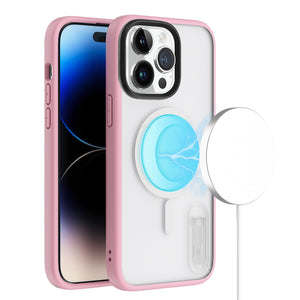 For Apple iPhone 14 6.1" MagSafe Compatible Circle Design Hybrid with Stand Case Cover - Clear/Pink