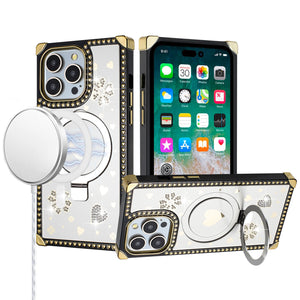 For iP15 Pro Max Magnetic Ring Stand Square Passion Hearts Glitter Case Cover - Silver