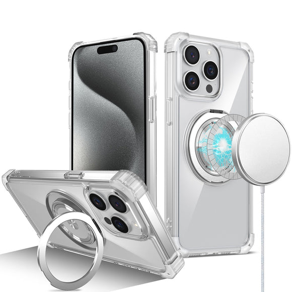 For iPhone 16 Pro Max 6.9 inch Shield Magnetic Ring Transparent HQ 360 Degree Rotational Shockproof Case Cover - Clear