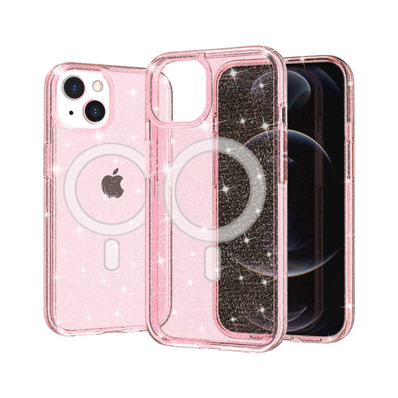 For iPhone 15 Glitter Ultra [Magnetic Circle] Thick 3mm Transparent Hybrid - Pink