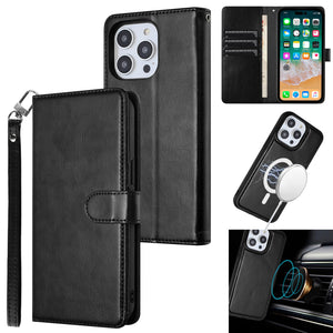 For iPhone 16 Pro 6.3 inch Magnetic Ring Compatible Deattachable PU Leather