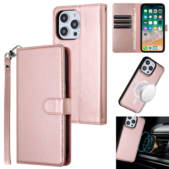 For iPhone 16 Pro Max 6.9 inch Magnetic Ring Compatible Deattachable PU Leather Hybrid Wallet Money Card Holder with Lanyard - Rose Gold