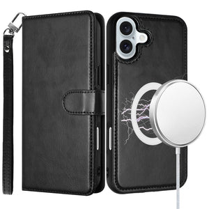 For iPhone 16 6.1 inch Magnetic Ring Compatible Deattachable PU Leather Hybrid Wallet Money Card Holder with Lanyard - Black