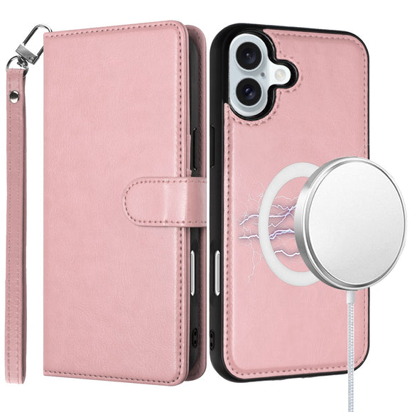 For iPhone 16 6.1 inch Magnetic Ring Compatible Deattachable PU Leather Hybrid Wallet Money Card Holder with Lanyard - Rose Gold