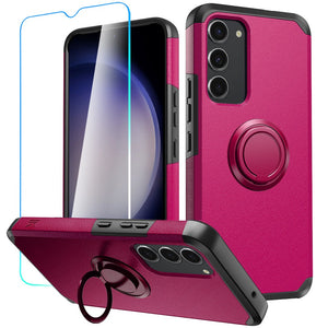 For Samsung S23 FE 5G Tough Hybrid With Ring Stand + Tempered Glass - Hot Pink
