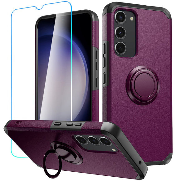 For Samsung S23 FE 5G Tough Hybrid With Ring Stand + Tempered Glass - Dark Purple
