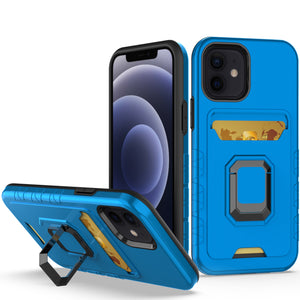For Apple iPhone 14 PRO MAX 6.7" Card Holder with Magnetic Ring Stand Hybrid Case Cover - Blue