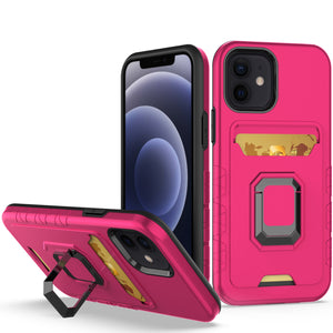 For Apple iPhone 14 PRO MAX 6.7" Card Holder with Magnetic Ring Stand Hybrid Case Cover - Hot Pink