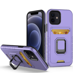 For Apple iPhone 14 PRO MAX 6.7" Card Holder with Magnetic Ring Stand Hybrid Case Cover - Light Purple