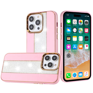 For Apple iPhone 14 PRO MAX 6.7" Flashy Diamond Leather Sticked On Hybrid with Chrome Camera Edge - Pink