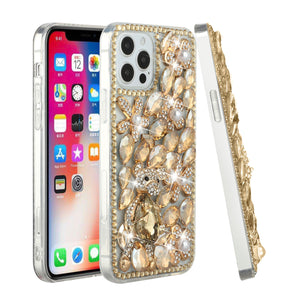For iPhone 13 Pro Max Full Diamond with Ornaments Case Cover - Gold Five Ornament Floral