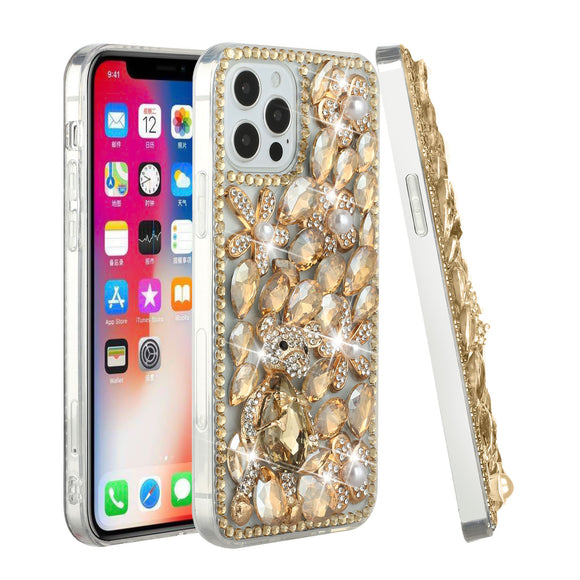 For iPhone 13 Pro Max Full Diamond with Ornaments Case Cover - Gold Five Ornament Floral