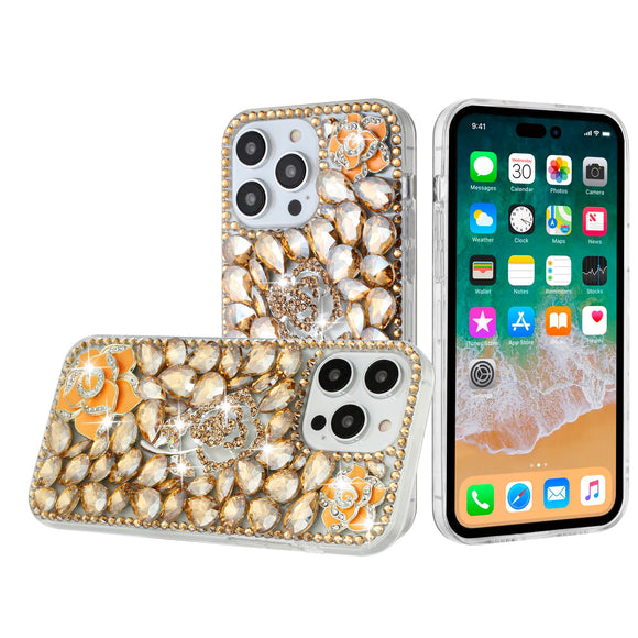 For Apple iPhone 11 (XI6.1) Floral Full Diamond Bling Case Cover - Gold