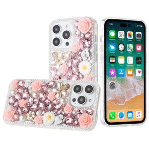 For iPhone 15 Pro Rose Flower Full Diamond Bling Stones - Pink