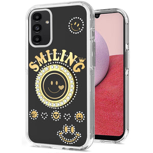 For Samsung A14 5G Smiling Glitter Ornament Bling With Ring Stand Hybrid Case Cover - Black