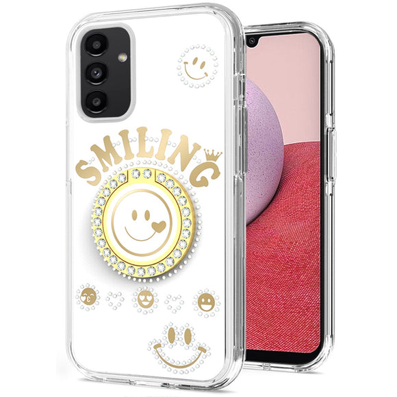 For Samsung A14 5G Smiling Glitter Ornament Bling With Ring Stand Hybrid Case Cover - White