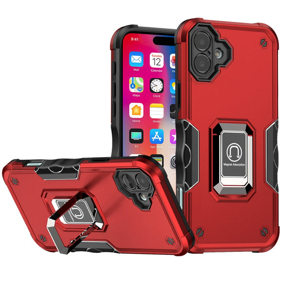 For iPhone 16 6.1 inch OPTIMUM Magnetic Ring Stand Hybrid Case Cover - Red