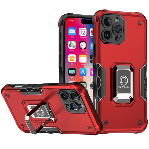 For iPhone 16 Pro 6.3 inch OPTIMUM Magnetic Ring Stand Hybrid Case Cover - Red