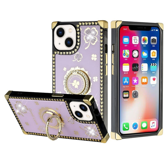 For Apple iPhone 11 (XI6.1) Passion Square Hearts Diamond Glitter Ornaments Engraving Case Cover - Good Luck Floral Purple