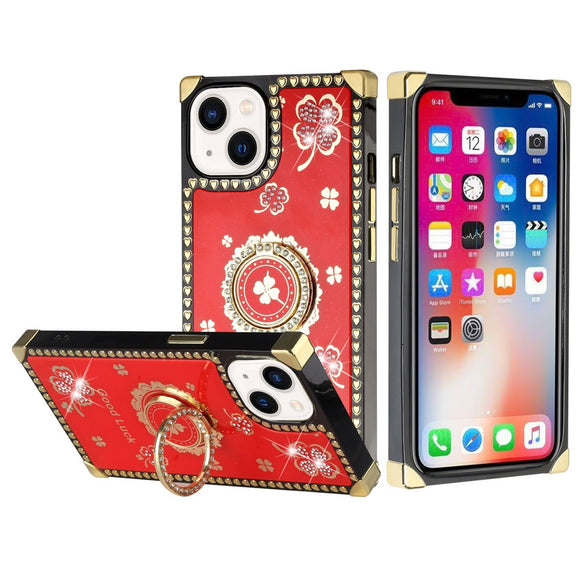 For Apple iPhone 11 (XI6.1) Passion Square Hearts Diamond Glitter Ornaments Engraving Case Cover - Good Luck Floral Red