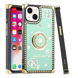 For Apple iPhone 11 (XI6.1) Passion Square Hearts Diamond Glitter Ornaments Engraving Case Cover - Good Luck Floral Teal