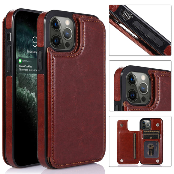 For iPhone 15 Plus Luxury Side Magnetic Button Card ID Holder PU Leather Case - Brown