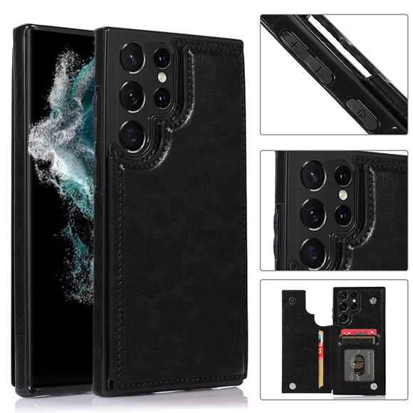 For Samsung S23 Ultra Luxury Side Magnetic Button Card ID Holder PU Leather Case Cover - Black