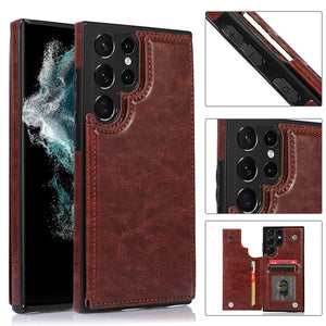 For Samsung S23 Ultra Luxury Side Magnetic Button Card ID Holder PU Leather Case Cover - Brown