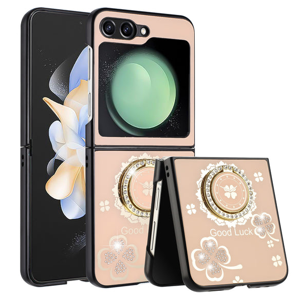 For Samsung Galaxy Z Flip 5 SPLENDID Diamond Glitter Ornaments Engraving Case Cover - Good Luck Floral Gold