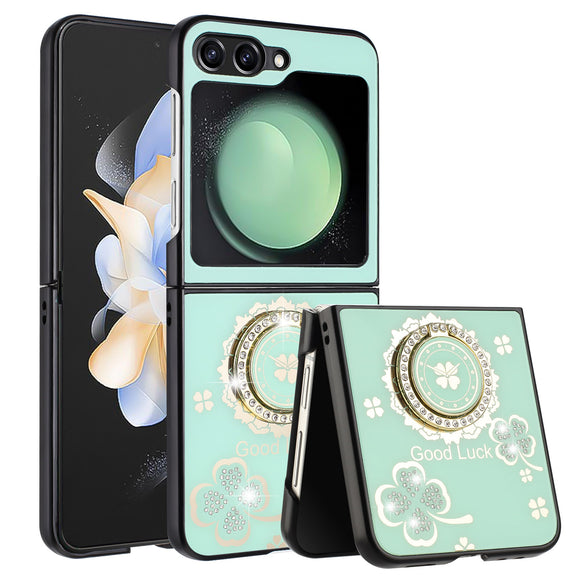 For Samsung Galaxy Z Flip 5 SPLENDID Diamond Glitter Ornaments Engraving Case Cover - Good Luck Floral Teal