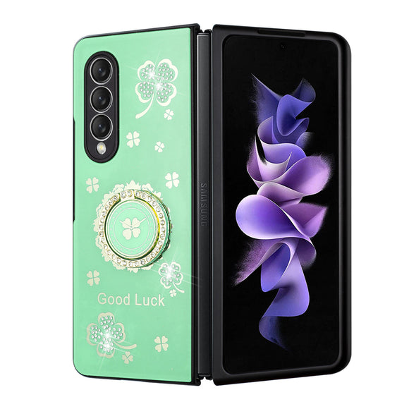 For Samsung Galaxy Z Fold3 5G SPLENDID Diamond Glitter Ornaments Engraving Case Cover - Good Luck Floral Teal