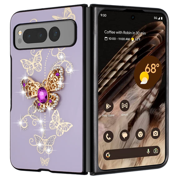 For Samsung Galaxy Z Fold 5 SPLENDID Diamond Glitter Ornaments Engraving Case Cover - Garden Butterflies Purple
